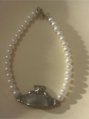 Vintage Sterling Silver 925 Bear Pearl Child Baby Bracelet 6”